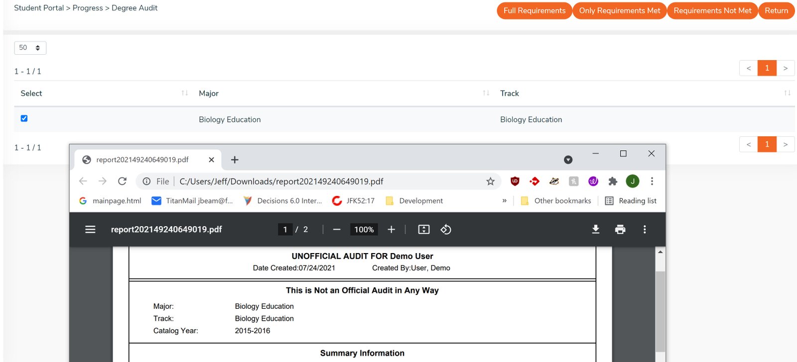 Student Portal Degree Audit